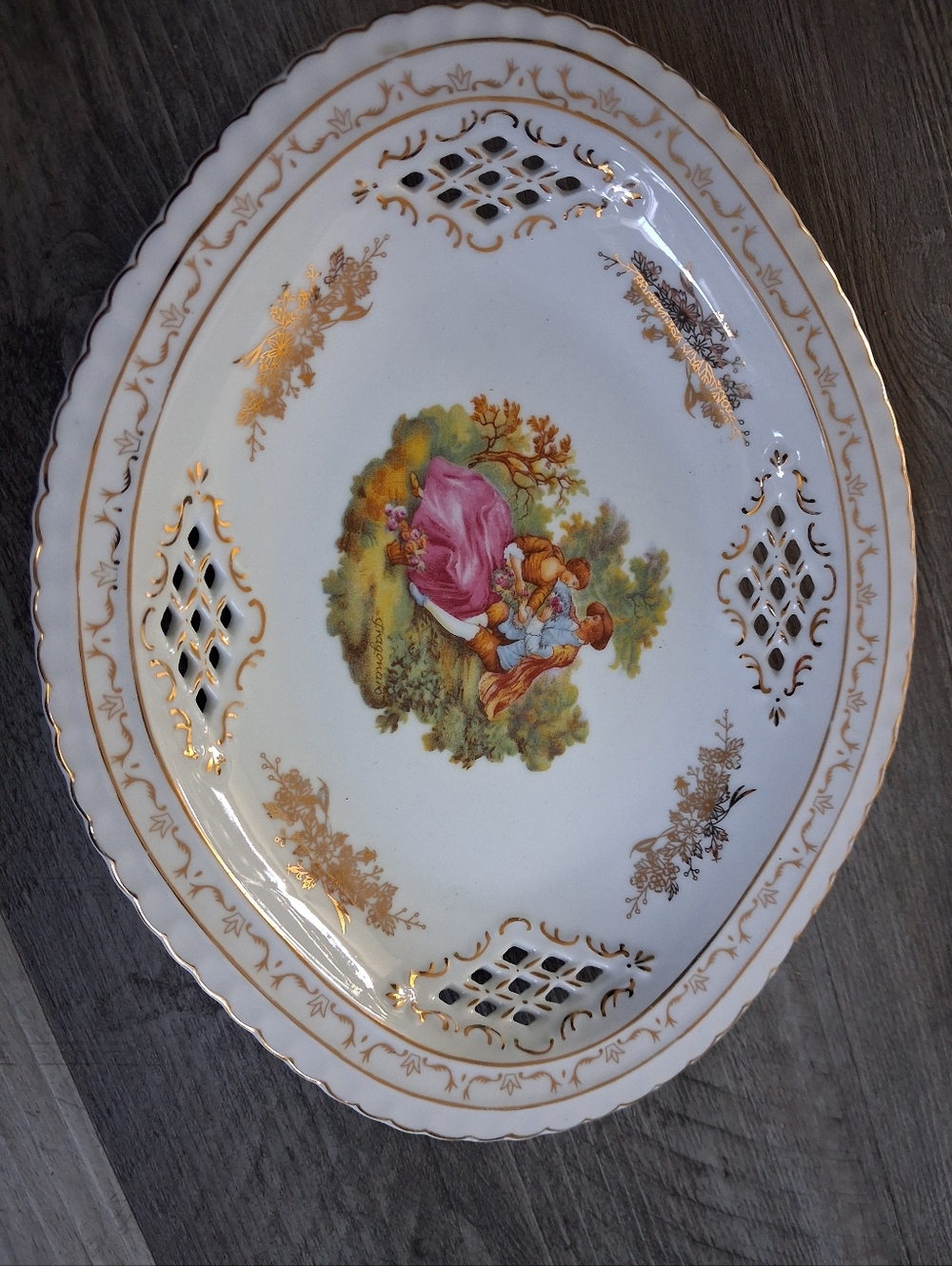 Decorative White and Gold Porcelain Serving Platter with Pink Accent